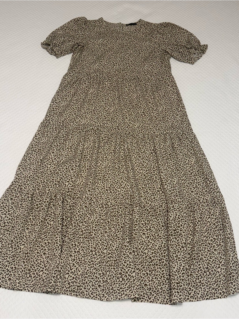 Leopard Tiered Maxi Dress with Puff Sleeves - Beige/Black